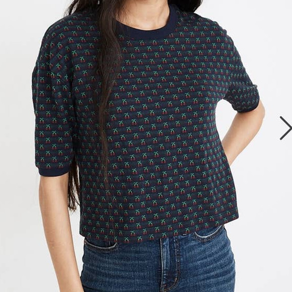 Madewell Cherry Jacquard Boxy Cropped Tee Shirt Navy Blue Women's Size XS - Picture 9 of 9